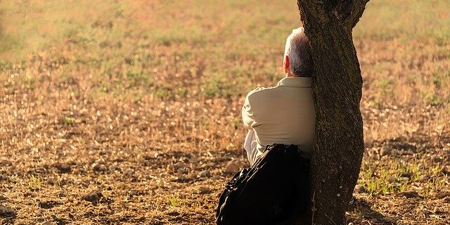 man sitting at the base of a tree